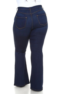 Plus Size High Waisted Bell Bottom Jeans - Dark Denim - SohoGirl.com