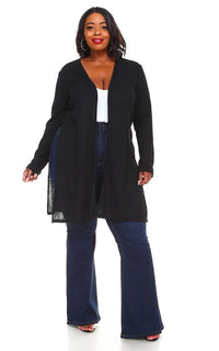 Plus Size Long Ribbed Side Slit Cardigan - Black (S-3XL) - SohoGirl.com