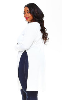 Plus Size Long Ribbed Side Slit Cardigan - White (S-3XL) - SohoGirl.com
