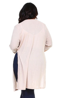 Plus Size Long Ribbed Side Slit Cardigan - Beige (S-3XL) - SohoGirl.com