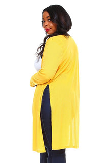 Plus Size Long Ribbed Side Slit Cardigan - Yellow - SohoGirl.com