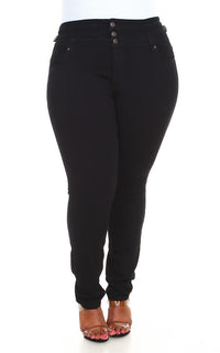Plus Size 3-Button High Waisted Denim Skinny Jeans - Black - SohoGirl.com