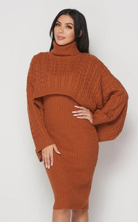 Turtle Neck Overlay Sweater Dress Set - Rust - SohoGirl.com