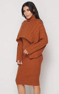 Turtle Neck Overlay Sweater Dress Set - Rust - SohoGirl.com