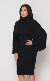 Turtle Neck Overlay Sweater Dress Set - Black - SohoGirl.com