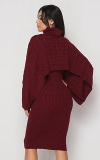 Turtle Neck Overlay Sweater Dress Set - Wine - SohoGirl.com