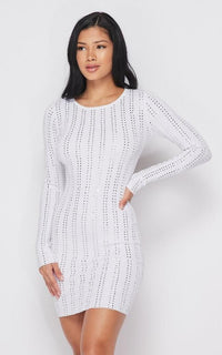 Rhinestone Striped Long Sleeve Mini Dress - White - SohoGirl.com
