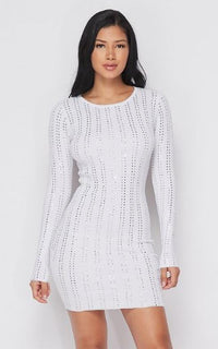 Rhinestone Striped Long Sleeve Mini Dress - White - SohoGirl.com