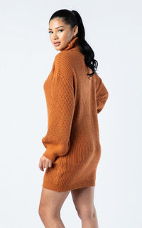 Ribbed Turtle Neck Sweater Dress - Rust - SohoGirl.com