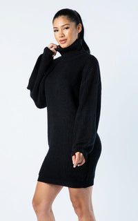 Ribbed Turtle Neck Sweater Dress - Black - SohoGirl.com
