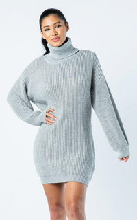 Ribbed Turtle Neck Sweater Dress - Heather Gray - SohoGirl.com