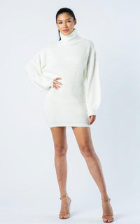 Ribbed Turtle Neck Sweater Dress - Ivory - SohoGirl.com