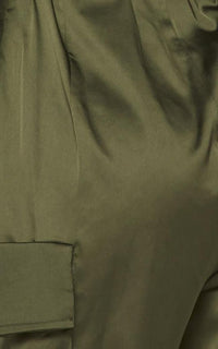 Satin Long Sleeve Cargo Jumpsuit in Olive - SohoGirl.com