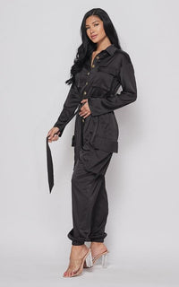 Satin Long Sleeve Cargo Jumpsuit in Black - SohoGirl.com