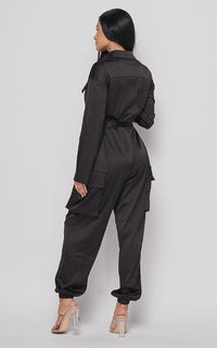 Satin Long Sleeve Cargo Jumpsuit in Black - SohoGirl.com