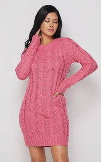 Cable Knit Mini Sweater Dress - Pink - SohoGirl.com