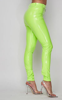 Button Up Waist Vinyl Faux Leather Pants - Neon Green - SohoGirl.com