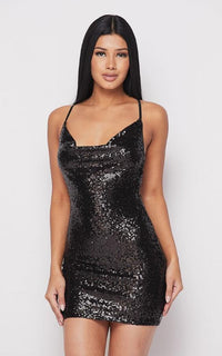 Sequin Cowl Neck Mini Dress - Black - SohoGirl.com