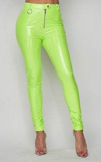 Button Up Waist Vinyl Faux Leather Pants - Neon Green - SohoGirl.com