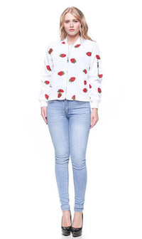 Strawberry Patched Lightweight Bomber Jacket in White - SohoGirl.com