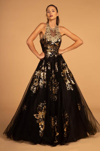 Elizabeth K GL2655 Illusion Sweetheart Open Back Dress in Black-Gold - SohoGirl.com
