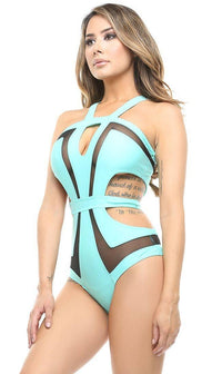 Black Widow Sheer Illusion Cut Out One Piece Swimsuit in Tiffany - SohoGirl.com