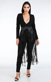 Deep V Fringe Waist Jumpsuit - Black - SohoGirl.com
