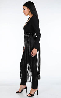 Deep V Fringe Waist Jumpsuit - Black - SohoGirl.com