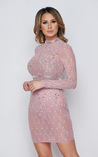 Crystal Embellished Sheer Mesh Dress - Pink - SohoGirl.com