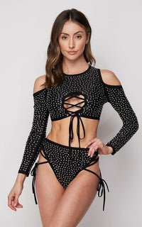 Rhinestone Lace Up Two Piece Bikini Set - Black - SohoGirl.com