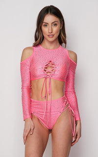 Rhinestone Lace Up Two Piece Bikini Set - Pink - SohoGirl.com