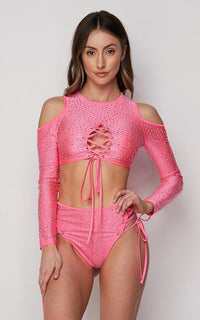 Rhinestone Lace Up Two Piece Bikini Set - Pink - SohoGirl.com