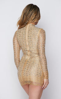 Sparkling Rhinestone Long Sleeve Dress - Nude - SohoGirl.com