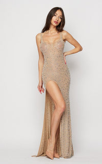 Rhinestone Pearl Side Slit Maxi Dress - Nude - SohoGirl.com