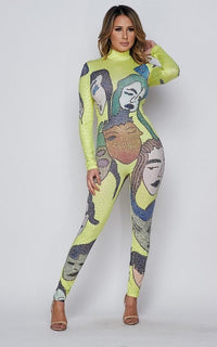 Face Print Rhinestone Jumpsuit in Neon Green - SohoGirl.com
