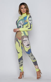 Face Print Rhinestone Jumpsuit in Neon Green - SohoGirl.com