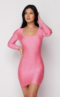 Rhinestone Scoop Neck Long Sleeve Dress - Neon Pink - SohoGirl.com