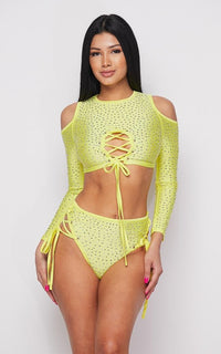 Rhinestone Lace Up Two Piece Bikini Set - Yellow - SohoGirl.com