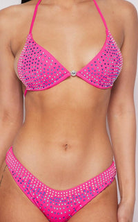Rhinestone Triangle Bikini Two Piece Set - Neon Pink - SohoGirl.com