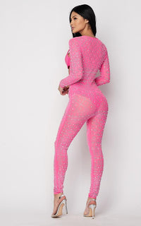 Studded Rhinestone Two Piece Jumpsuit Set - Pink - SohoGirl.com