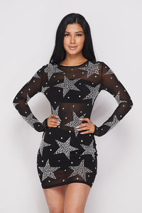 Rhinestone Star Print Sheer Mesh Mini Dress - Black - SohoGirl.com