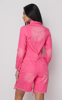 Distressed Long Sleeve Denim Romper - Neon Pink - SohoGirl.com
