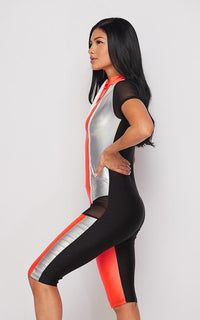 Nylon Colorblock Bermuda Jumpsuit - Orange-Black - SohoGirl.com