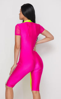 Nylon Colorblock Bermuda Jumpsuit - Neon Green-Pink - SohoGirl.com