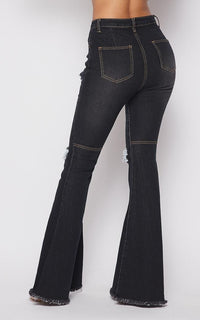 Ripped Knee Bell Bottom Stretchy Jeans - Dark Denim - SohoGirl.com