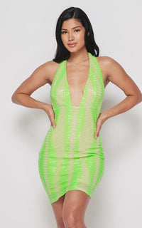 Diamond Pattern Sequin Halter Dress - Neon Green - SohoGirl.com