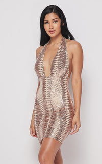 Diamond Pattern Sequin Halter Dress - Rose Gold - SohoGirl.com