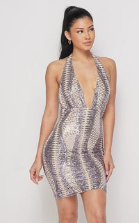 Diamond Pattern Sequin Halter Dress - Silver - SohoGirl.com