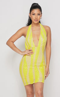 Diamond Pattern Sequin Halter Dress - Yellow - SohoGirl.com