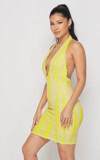 Diamond Pattern Sequin Halter Dress - Yellow - SohoGirl.com